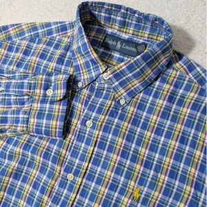 Ralph Lauren Button Down Shirt Mens Med Blue Plaid L/S Cotton Lightweight